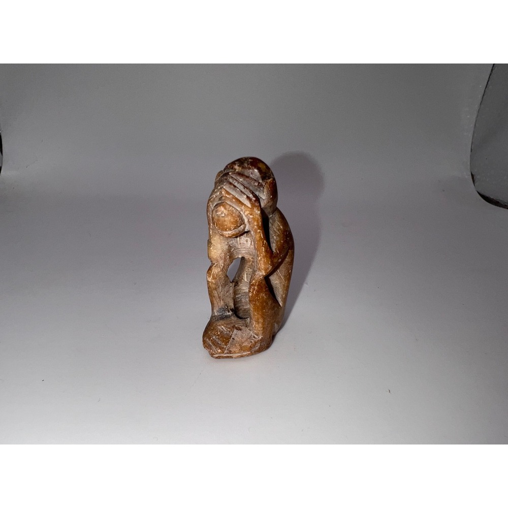 Vintage Hand Carved Soap Stone Brown Monkey See No Evil Figurine Trinket Shelf